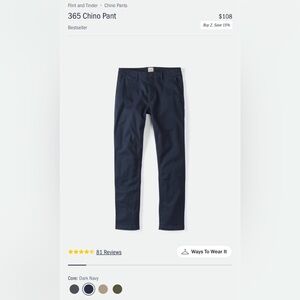 Men's Dark Navy 365 Chino Pants - Flint & Tinder 30 x 30, Slim Fit NEW